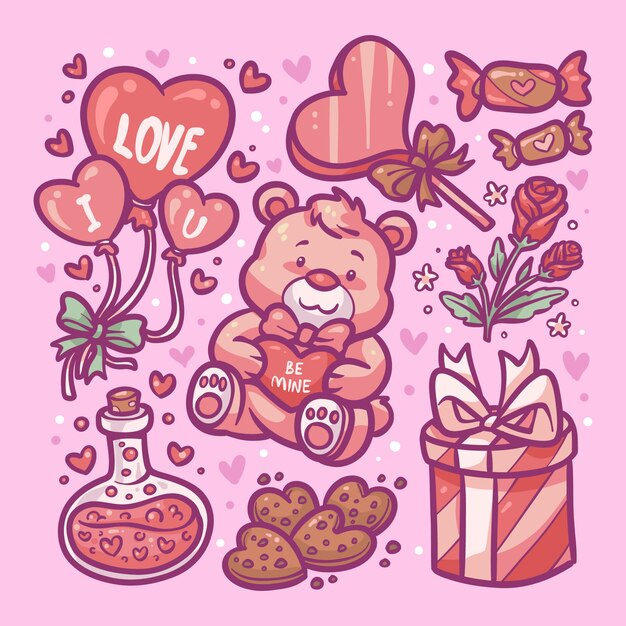 Colección de elementos dibujados a mano para la celebración del día de san valentín