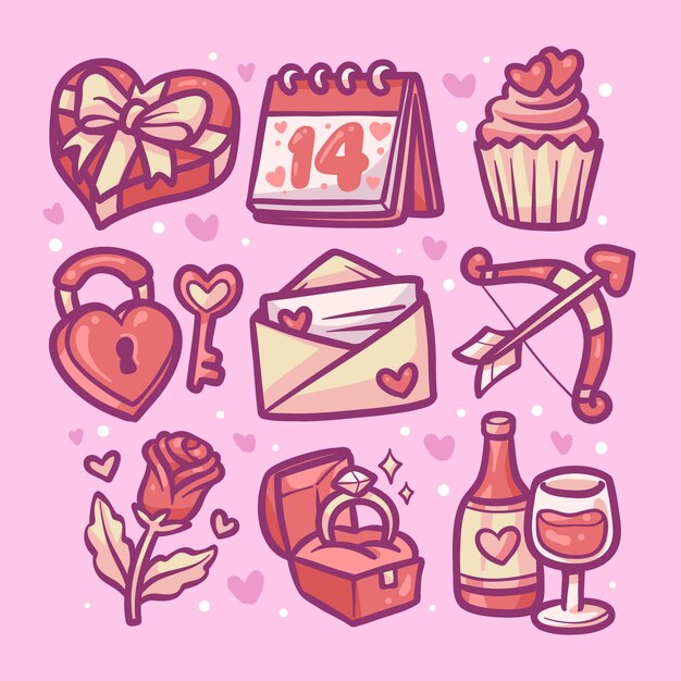 Colección de elementos dibujados a mano para la celebración del día de san valentín