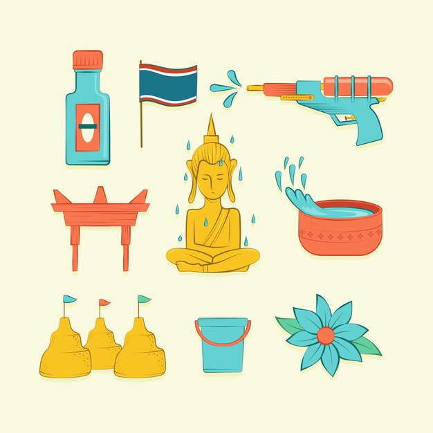 Colección de elementos dibujados a mano para la celebración del festival del agua de songkran