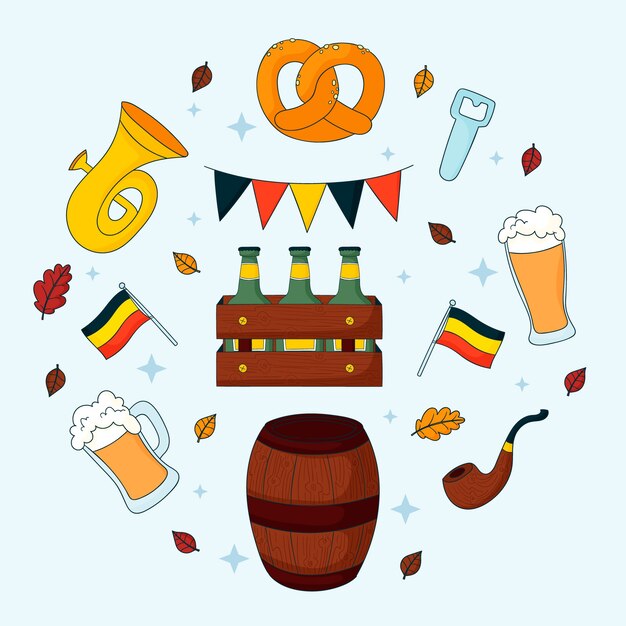 Colección de elementos dibujados a mano para la celebración del festival de cerveza Oktoberfest