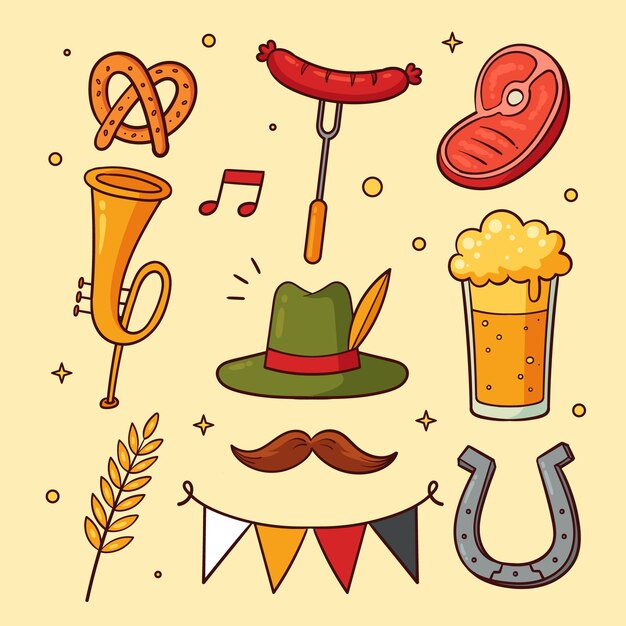 Colección de elementos dibujados a mano para la celebración del festival de la cerveza oktoberfest