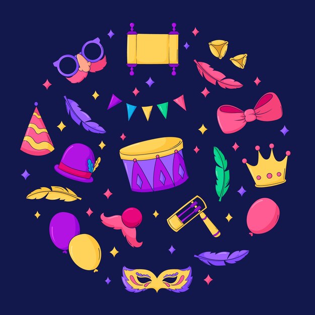 Colección de elementos dibujados a mano para la celebración de la festividad de purim
