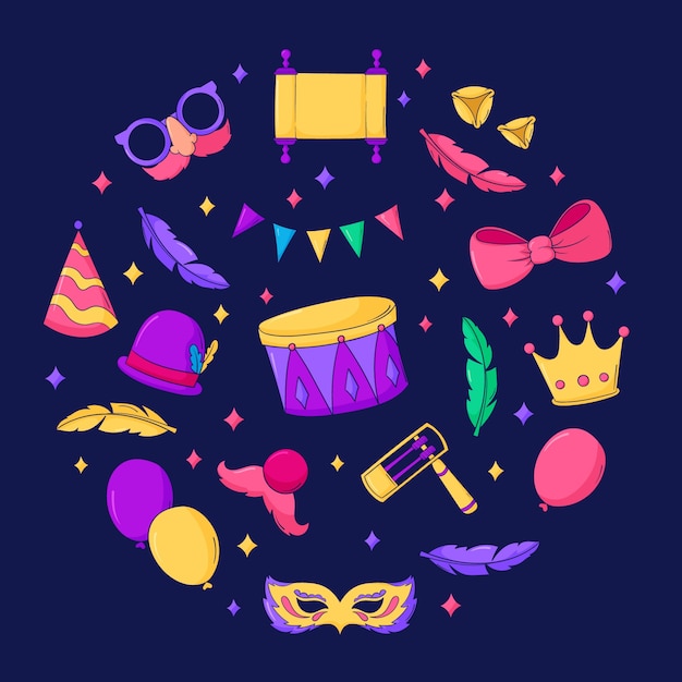 Colección de elementos dibujados a mano para la celebración de la festividad de purim