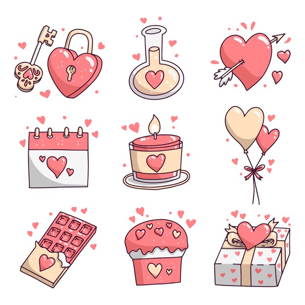 Colección de elementos dibujados a mano del día de San Valentín