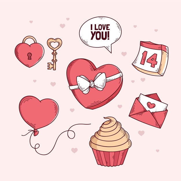 Colección de elementos dibujados a mano del día de San Valentín