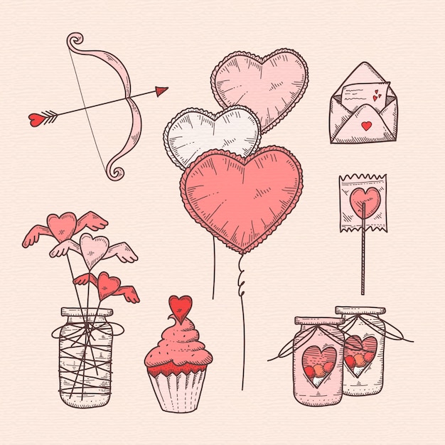 Colección de elementos dibujados a mano del día de San Valentín