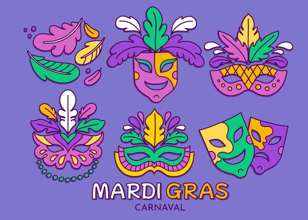 Colección de elementos dibujados a mano para el festival mardi gras