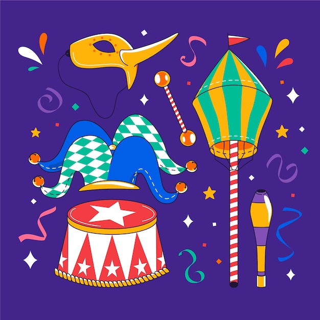 Colección de elementos dibujados a mano para la fiesta de carnaval
