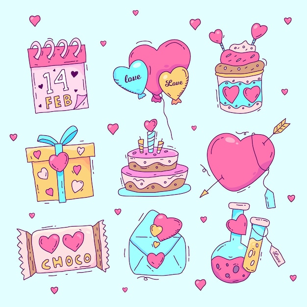 Colección de elementos dibujados a mano de San Valentín