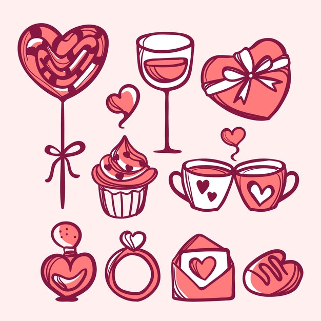 Colección de elementos dibujados a mano de San Valentín