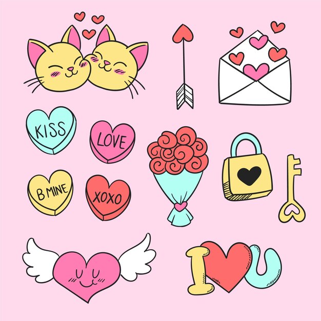 Colección de elementos dibujados a mano de San Valentín