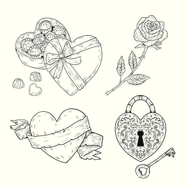 Colección de elementos dibujados a mano de San Valentín