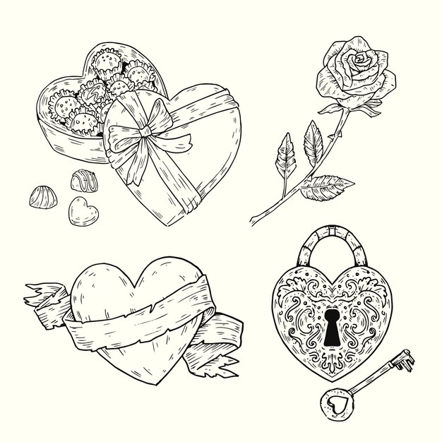 Colección de elementos dibujados a mano de San Valentín