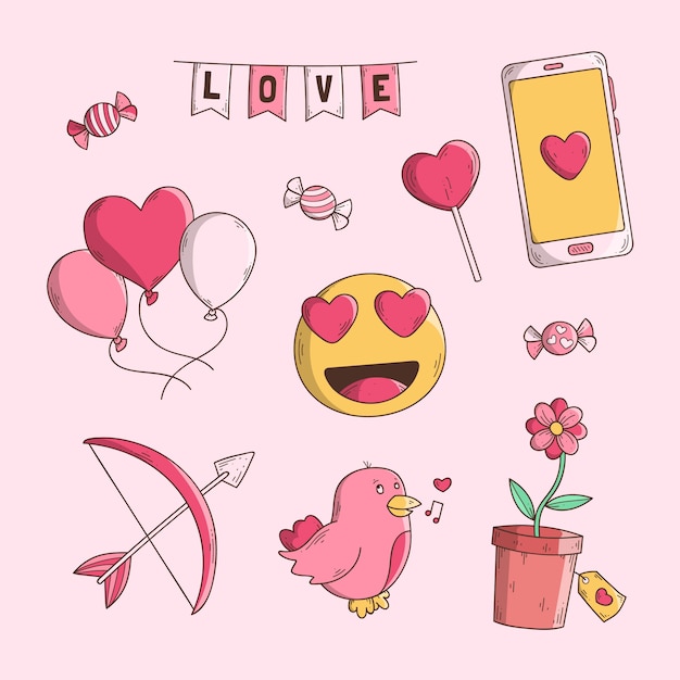 Colección de elementos dibujados a mano de San Valentín