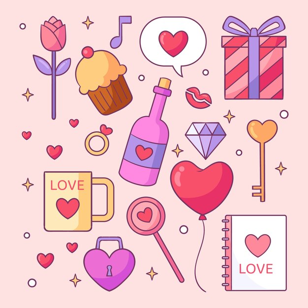 Vector gratuito colección de elementos dibujados a mano de san valentín