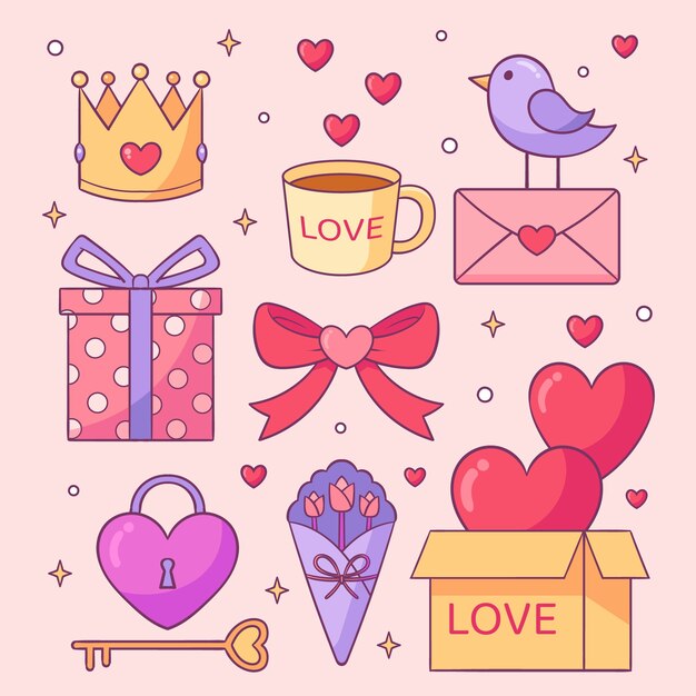 Colección de elementos dibujados a mano de san valentín