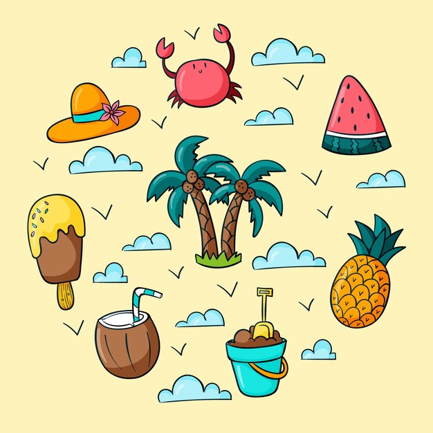 Colección de elementos dibujados a mano de verano