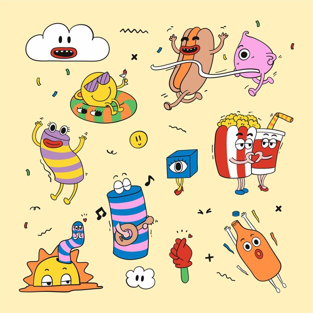 Colección de elementos de dibujos animados de moda dibujados a mano