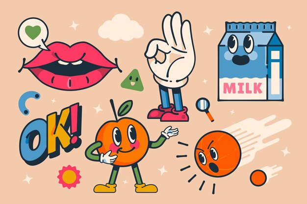 Colección de elementos de dibujos animados de moda dibujados a mano