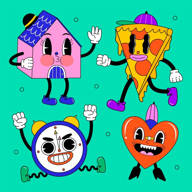 Colección de elementos de dibujos animados de moda de diseño plano dibujado a mano