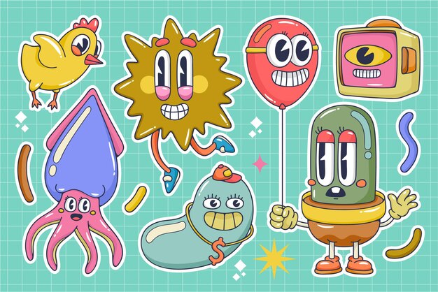 Colección de elementos de dibujos animados de moda plana Doodle