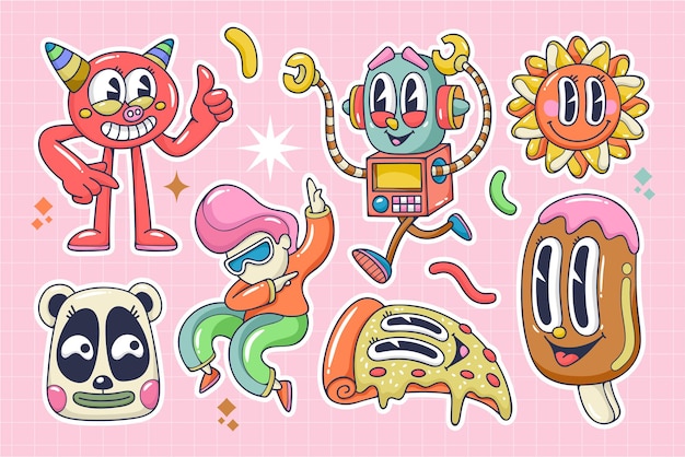 Colección de elementos de dibujos animados de moda plana Doodle