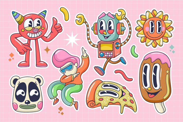 Colección de elementos de dibujos animados de moda plana Doodle