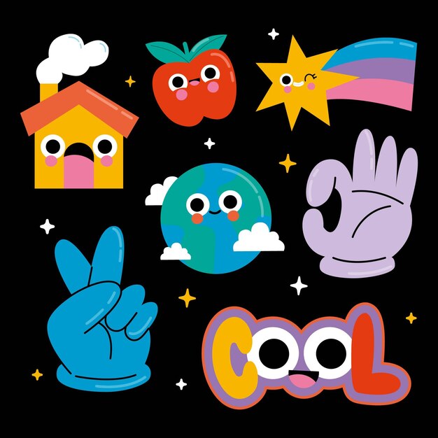 Colección de elementos de dibujos animados de moda planos dibujados a mano