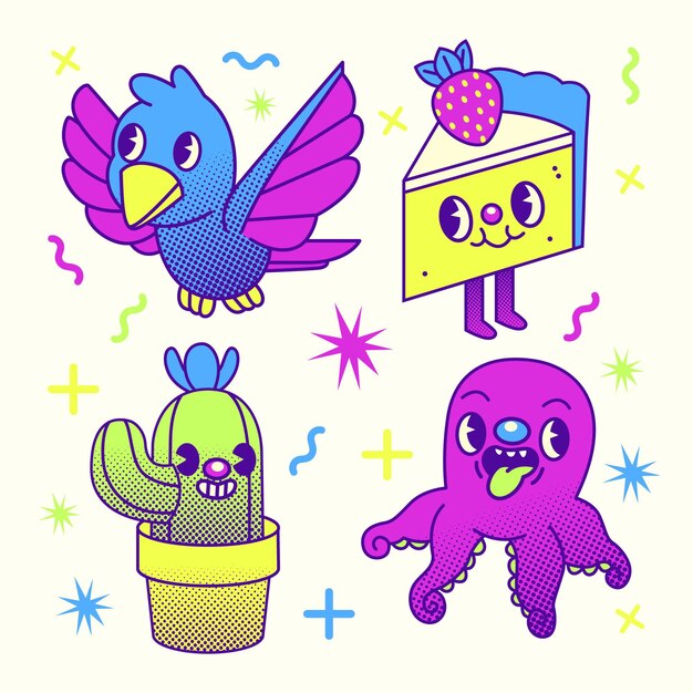 Colección de elementos de dibujos animados de moda planos dibujados a mano