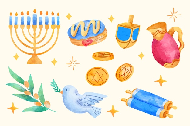 Vector gratuito colección de elementos de diseño en acuarela para la celebración de hanukkah.