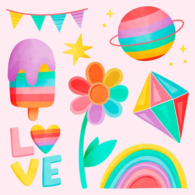 Colección de elementos de diseño de acuarela para la celebración del mes del orgullo