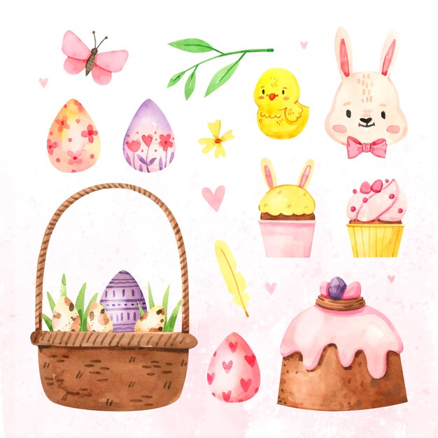 Colección de elementos de diseño de acuarela para la celebración de Pascua.