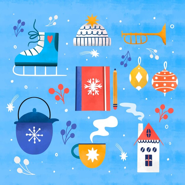 Colección de elementos de diseño en acuarela para la celebración de la temporada de invierno.