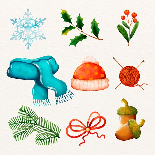 Colección de elementos de diseño en acuarela para la celebración de la temporada de invierno.