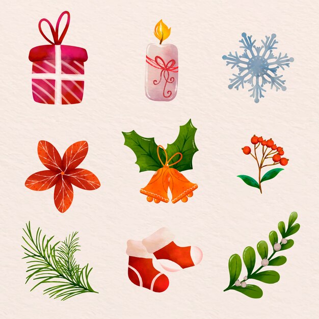 Colección de elementos de diseño en acuarela para la celebración de la temporada navideña.