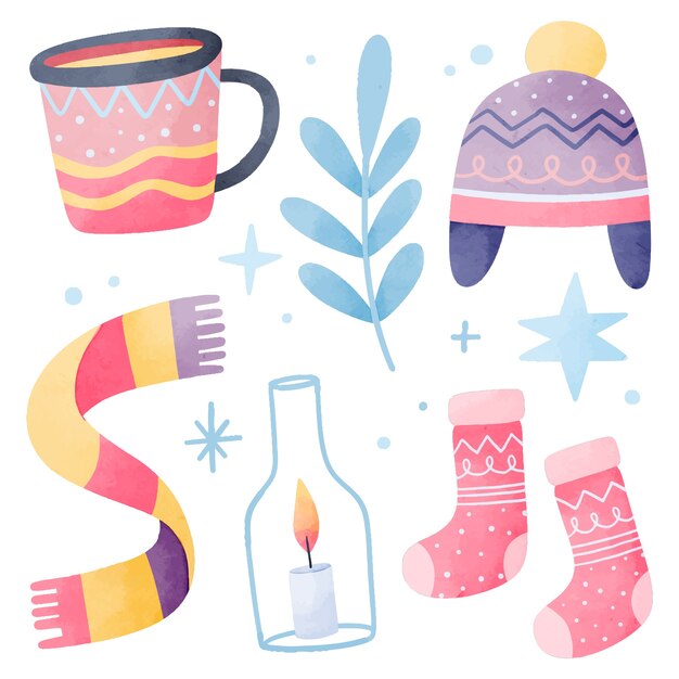 Colección de elementos de diseño en acuarela para la temporada de invierno.