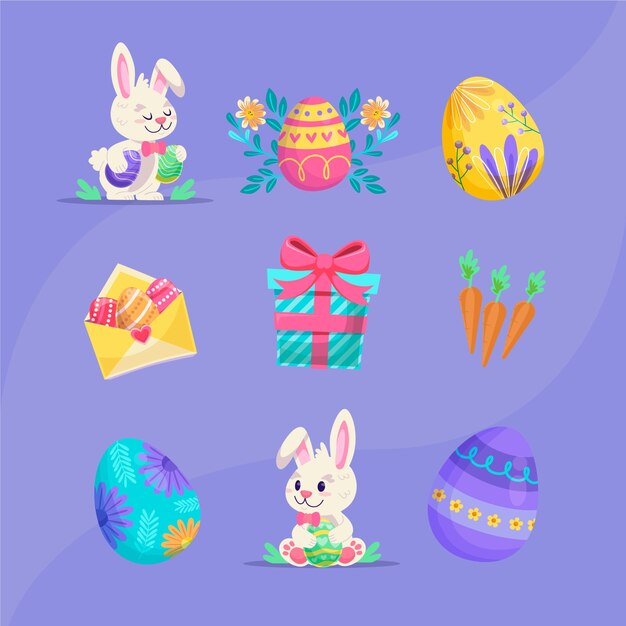 Colección de elementos de diseño de celebración de pascua plana
