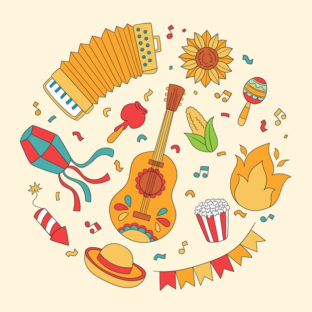 Colección de elementos de diseño dibujados a mano para la celebración brasileña de festas juninas