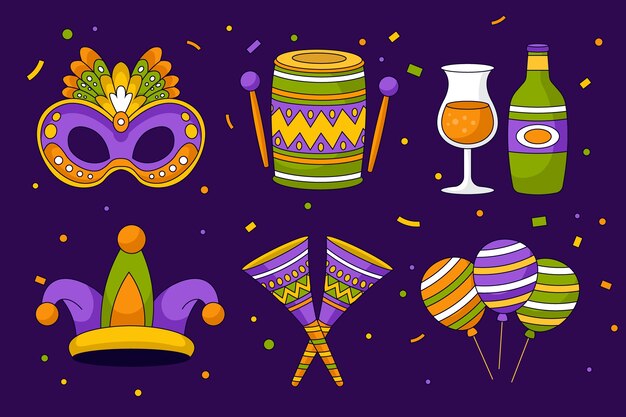 Colección de elementos de diseño dibujados a mano para la celebración del carnaval brasileño