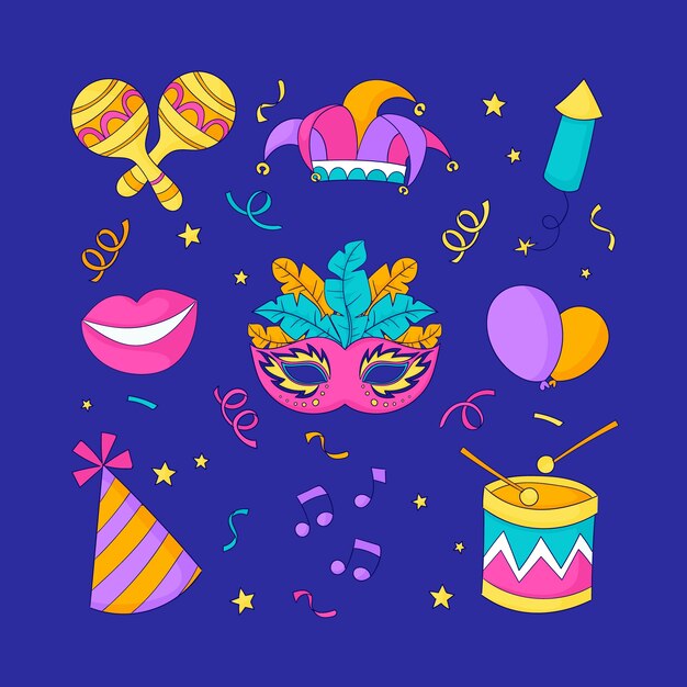 Colección de elementos de diseño dibujados a mano para la celebración de fiestas de carnaval