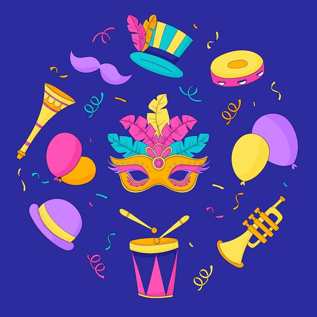 Colección de elementos de diseño dibujados a mano para la celebración de fiestas de carnaval