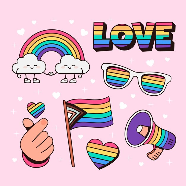 Colección de elementos de diseño dibujados a mano para la celebración del mes del orgullo