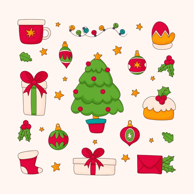 Colección de elementos de diseño dibujados a mano para la celebración de la temporada navideña.