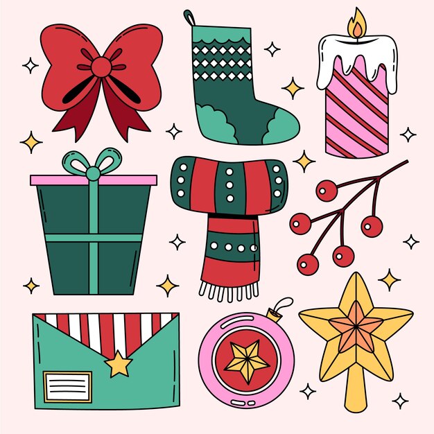 Colección de elementos de diseño dibujados a mano para la celebración de la temporada navideña.
