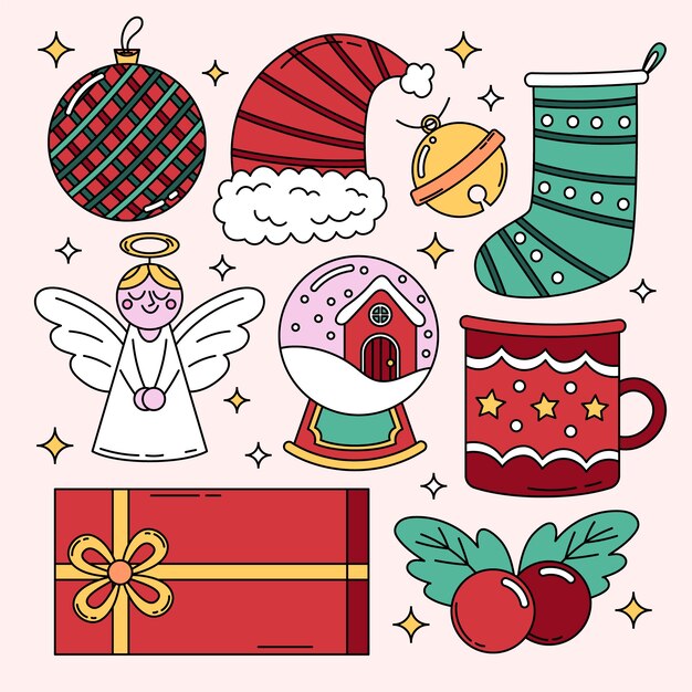 Colección de elementos de diseño dibujados a mano para la celebración de la temporada navideña.