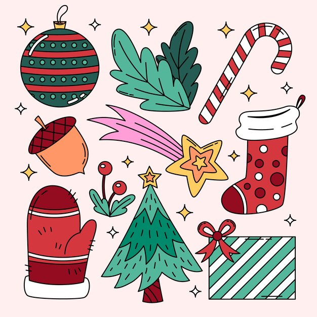 Colección de elementos de diseño dibujados a mano para la celebración de la temporada navideña.
