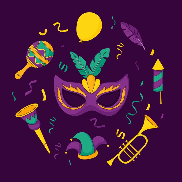 Colección de elementos de diseño dibujados a mano para el festival de Mardi Gras