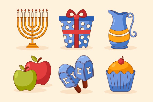 Colección de elementos de diseño dibujados a mano para la festividad judía de hanukkah
