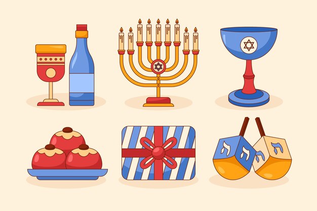 Colección de elementos de diseño dibujados a mano para la festividad judía de hanukkah