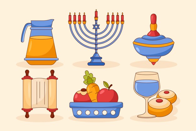 Colección de elementos de diseño dibujados a mano para la festividad judía de hanukkah